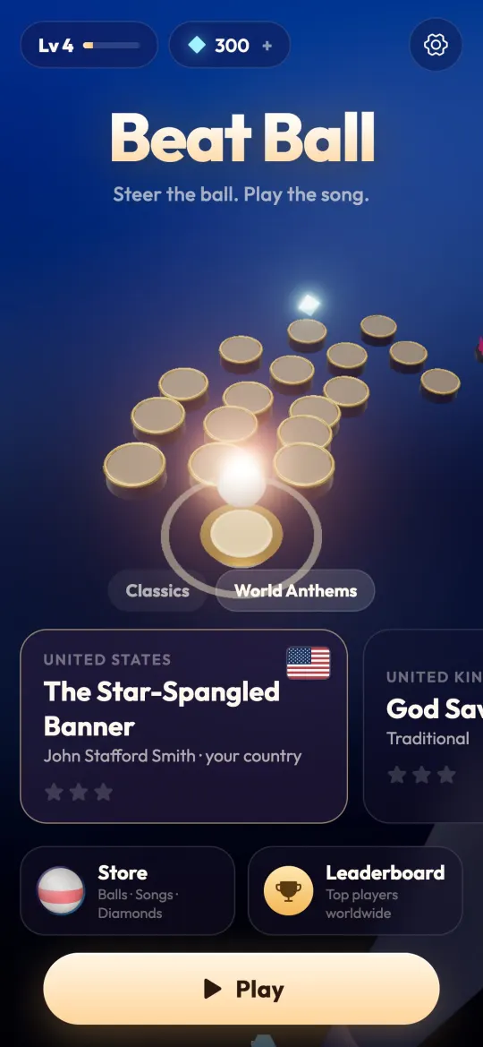 The Beat Ball song menu with The Star-Spangled Banner selected