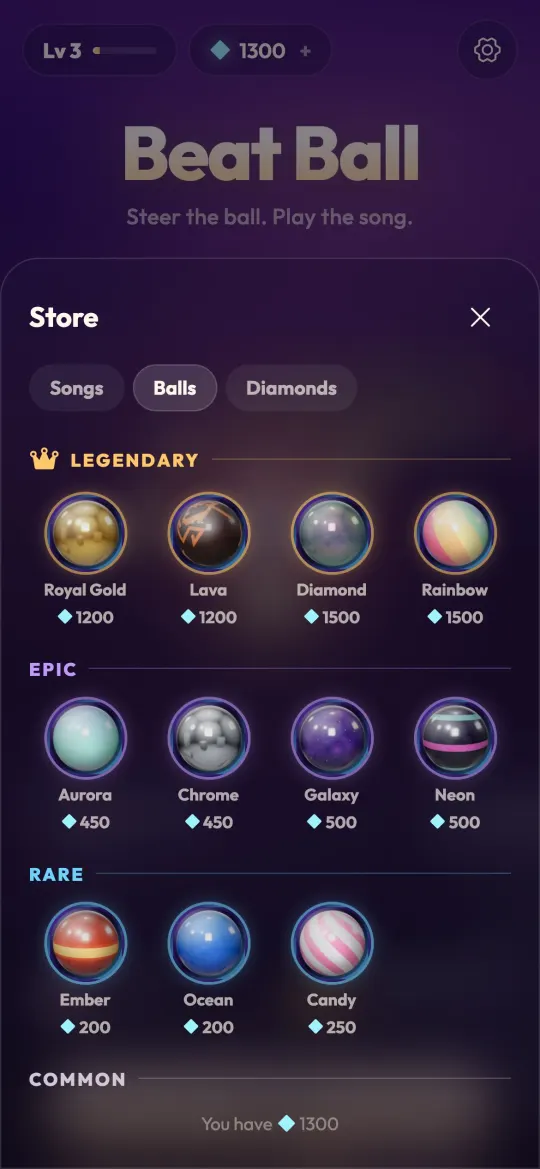 The Beat Ball store showing Legendary, Epic and Rare balls