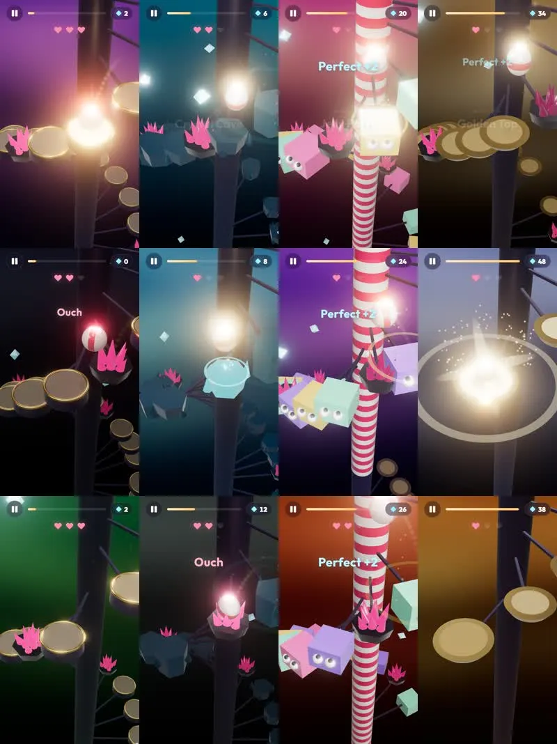 Twelve Beat Ball moments across violet, teal, candy and gold skies